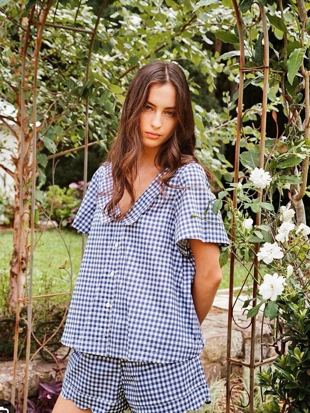 PIYAMA Gingham Collared Shorts Set in Blue & White size large, cotton poplin